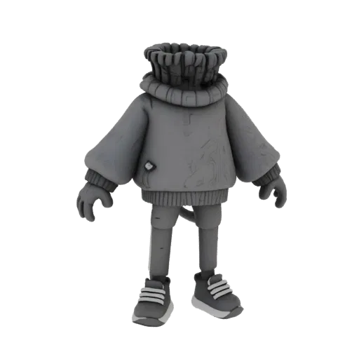 Modèle 3D de corps chibi cartoon sans tête dans un pull gris à col roulé, un pantalon de sport et des baskets, avec des patte