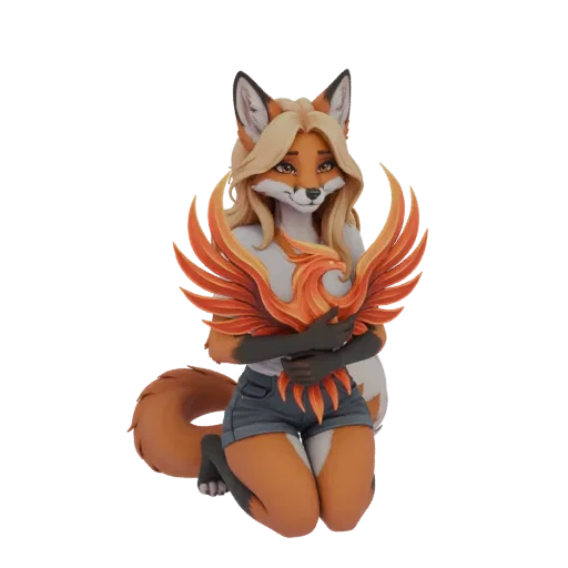 3D model of an anthropomorphic fox character kneeling and holding a fiery phoenix with outstretched wings.