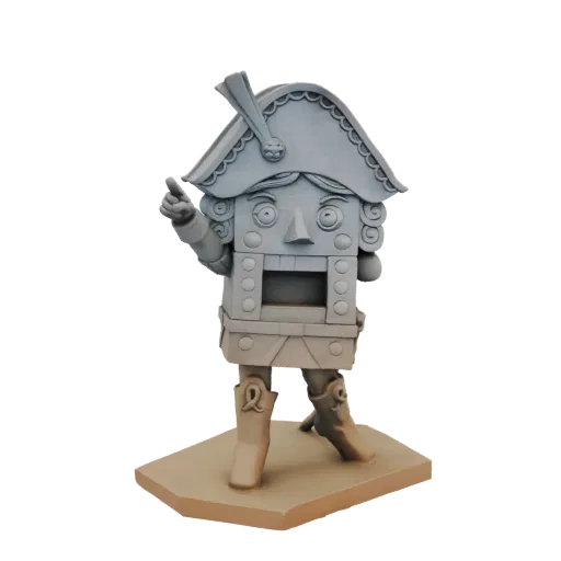 3D model of a gray nutcracker soldier figure standing on a tan base, pointing forward with its right index finger.