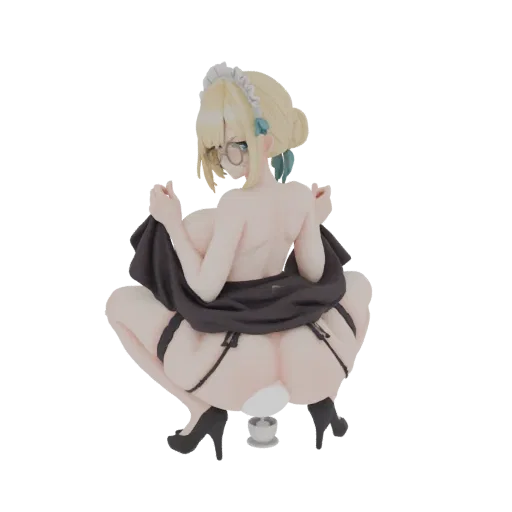 3D model of a blonde maid figure wearing glasses and black lingerie, in a squatting pose, with a small teacup at her feet.