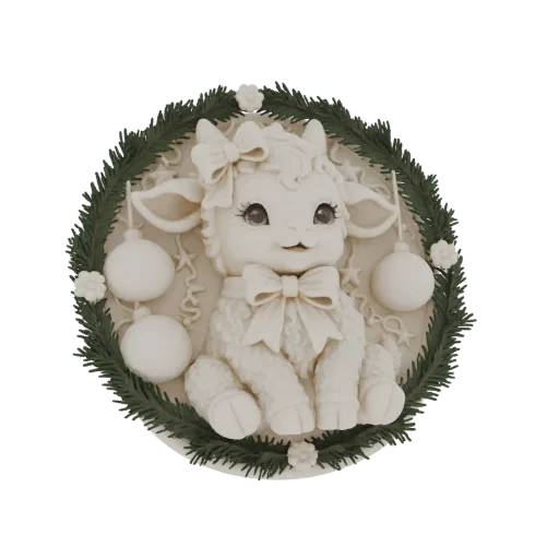 3D-Modell eines niedlichen weißen Lamms mit Schleife, sitzend in einem grünen Weihnachtskranz, verziert mit Ornamenten und kl