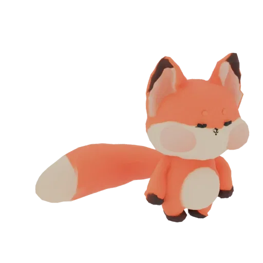 A 3D render of a cute, stylized orange fox figurine with a long tail, closed eyes, and pink cheeks, set against a black backg