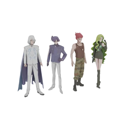 A 3D render of four anime-style male characters standing together against a black background.