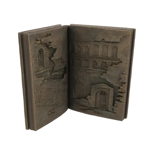 Modèle 3D d'un livre ouvert en bronze avec des sculptures complexes en bas-relief d'architecture ancienne en ruine sur ses pa