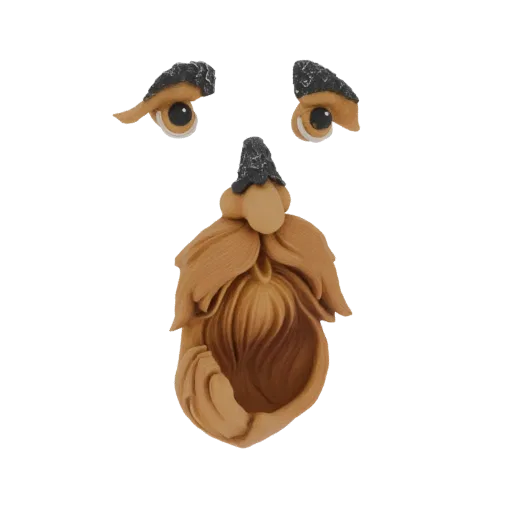 3D-Modell eines skurrilen Gnomen-Gesichts mit großen, ausdrucksstarken Augen und einem detaillierten, buschigen braunen Bart
