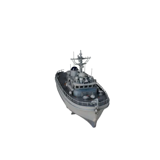 Vintage Patrol Boat 3D-Modell, Drei-Viertel-Spiel-Viewport, Unity-fertiges Fahrzeug-Asset mit kompaktem Marine-Rumpf, Decksau
