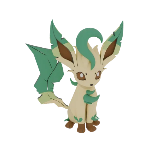 A 3D model of the Pokémon Leafeon sitting down, with large green leaf-like ears and tail, on a black background.