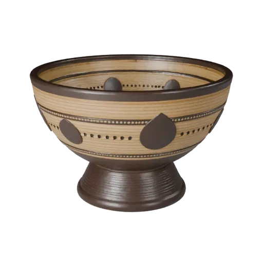 Modello 3D realistico Ciotola Arredo Boho, soggiorno, rendering studio tre quarti, dettaglio ceramica.