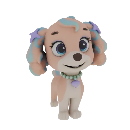 Modèle 3D d'un chien sirène mignon avec des cheveux pastel et un collier de coquillage, sur fond noir.