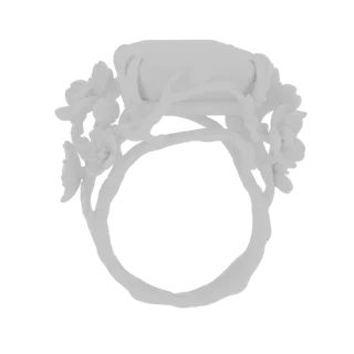 3D model of a white ring with a floral branch design and an oval gemstone at the center, set against a white background.