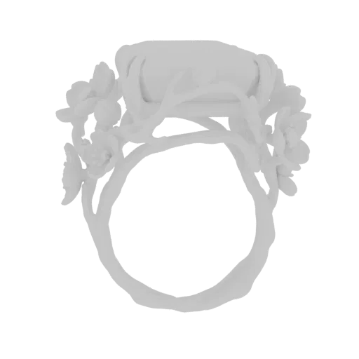 3D model of a white ring with a floral branch design and an oval gemstone at the center, set against a white background.