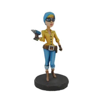 Modèle 3D d'une mécanicienne cartoon portant un bonnet bleu et une chemise jaune, tenant une perceuse bleue, debout sur une b
