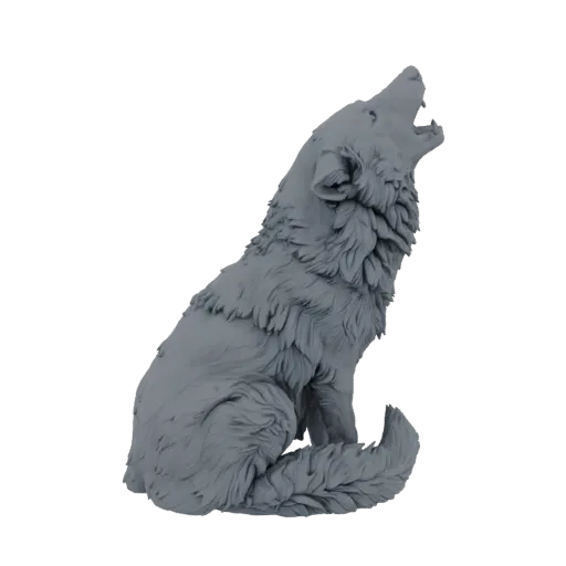 A detailed 3D model of a gray wolf sitting and howling, with its head tilted back and mouth open.