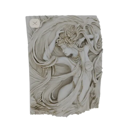 3D model of an Art Nouveau woman in relief, with flowing hair and drapery, adorned with beadwork.