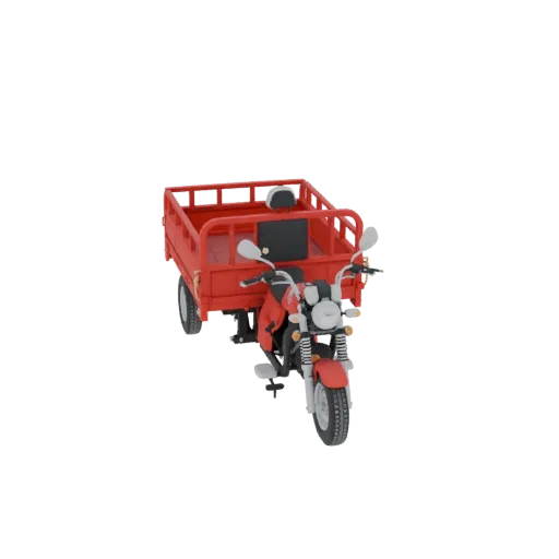 3D model of a red electric cargo tricycle with a motorcycle front and a large cargo bed