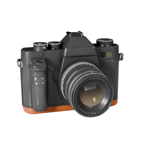 Vintage Camera Stylized 3D model, stylized isometric render, showing textured grips, lens barrels.