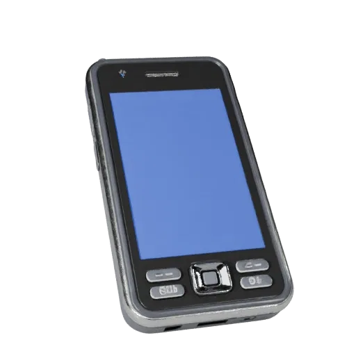 Rugged Retro Mobile Phone High Poly 3D model, close-up studio render, showing glass screens, thin device proportions.