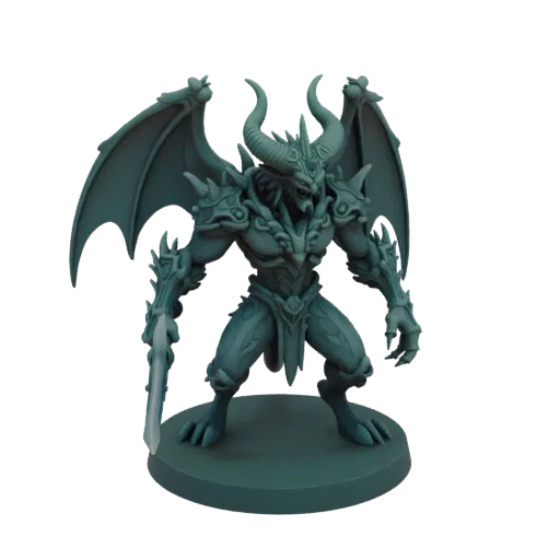 Miniatura STL Demone Boss Dark Fantasy, rendering tre quarti da tavolo, miniatura boss stampabile in resina con corna, lama i