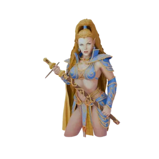 3D model render of a golden elven warrior bust with blue armor and a sword, featuring long blonde hair and pointed ears.