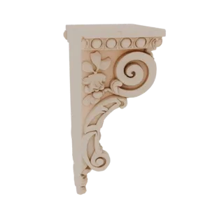 3D model of an ornate corbel with detailed floral and scrollwork carvings, rendered in a neutral beige tone.