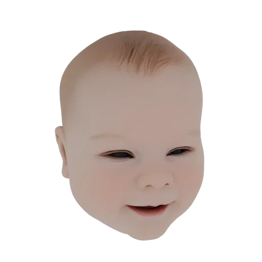 3D model of a baby's face with soft cheeks and a gentle smile, rendered against a black background.