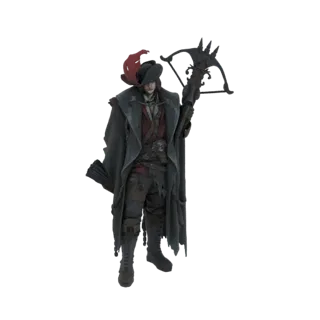 Modelo 3D de um personagem caçador gótico vestindo um longo casaco e chapéu, segurando uma besta.