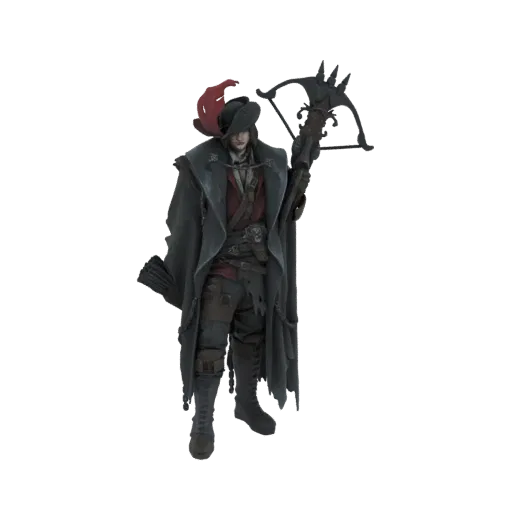 Modello 3D di un personaggio cacciatore gotico con cappotto lungo e cappello, che impugna una balestra.
