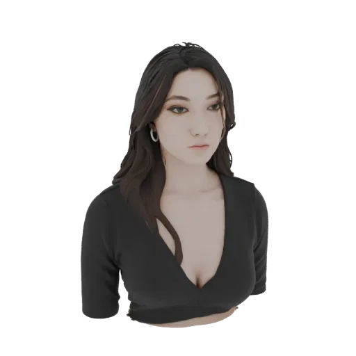 3D model of an elegant woman with dark hair wearing a black V-neck top, looking to the side.