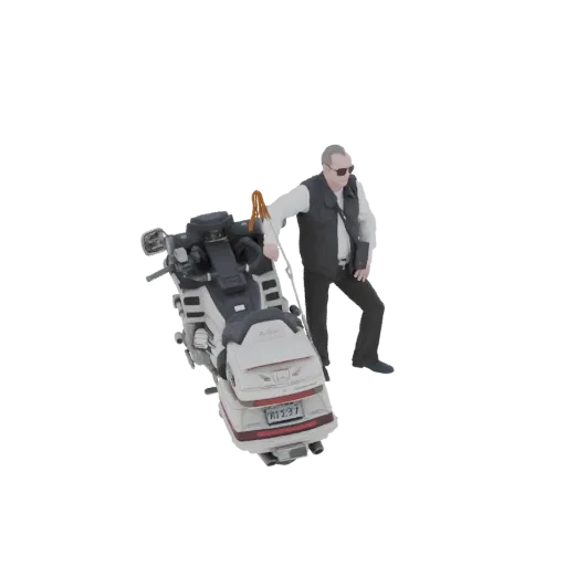 3D model of a man in a vest and sunglasses leaning on a motorcycle, rendered in a realistic style.