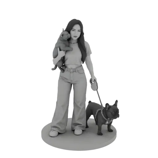3D model of a woman holding a puppy and walking a French Bulldog, presented in a grayscale statue style.