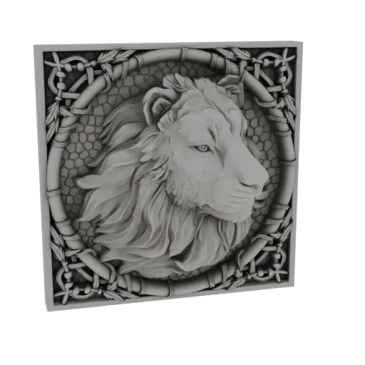 3D model of a lion head bas-relief with a detailed mane, surrounded by bamboo and knotwork, presented on a white background.