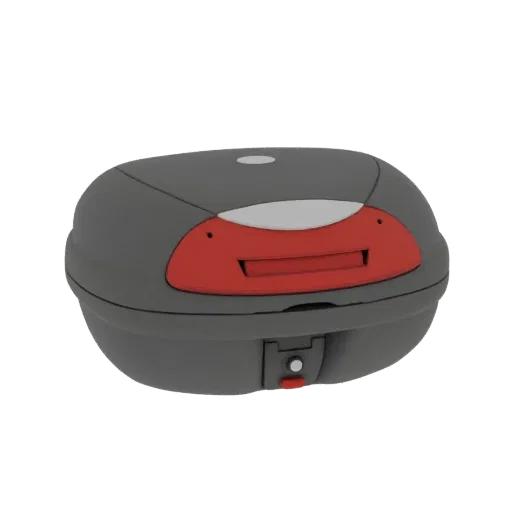 3D model render of a dark gray motorcycle top case with red and silver accents, featuring a visible lock.