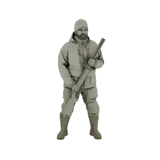 3D model of a hunter wearing a beanie and jacket, holding a shotgun, with a beard.