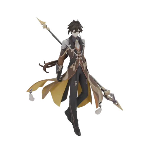 3D-Modell von Zhongli aus Genshin Impact, ein männlicher Charakter in braun-goldener formeller Kleidung, der eine Lanze hält.