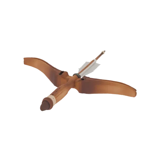 3D model of a wooden crossbow with feather, front view
