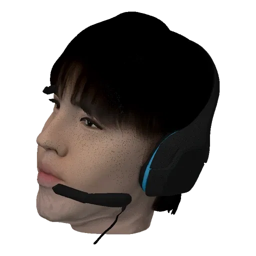 3D model of a young boy wearing a black and blue gaming headset, looking forward with a neutral expression.
