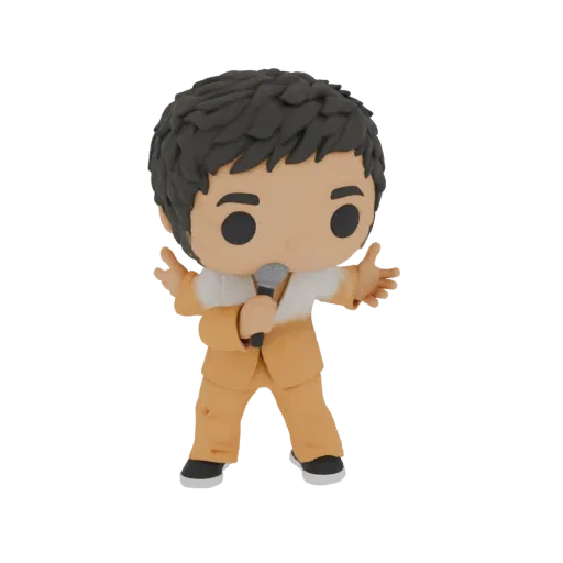 3D model of a singing performer in a Funko Pop style, wearing an orange suit and holding a microphone.