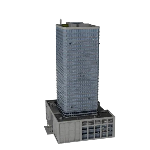 High Rise Office Building low poly 3D model, game-ready exterior view, showing commercial office building materials and architectural detail