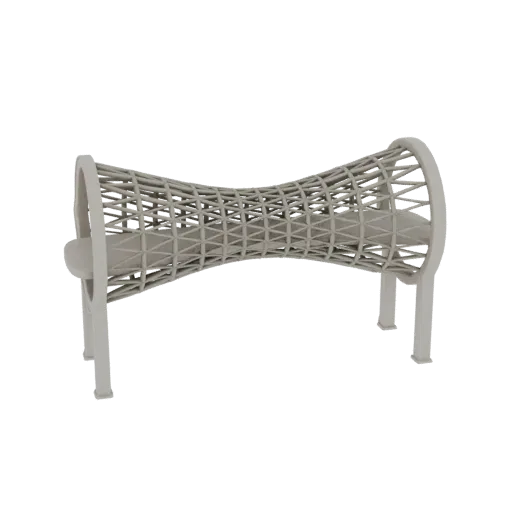 3D model of a modern geometric bench with an hourglass shape and intricate lattice framework, rendered in a neutral tone.