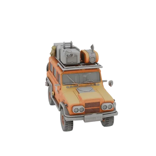 3D model of an orange expedition SUV with a detailed roof rack carrying cargo, set against a black background.