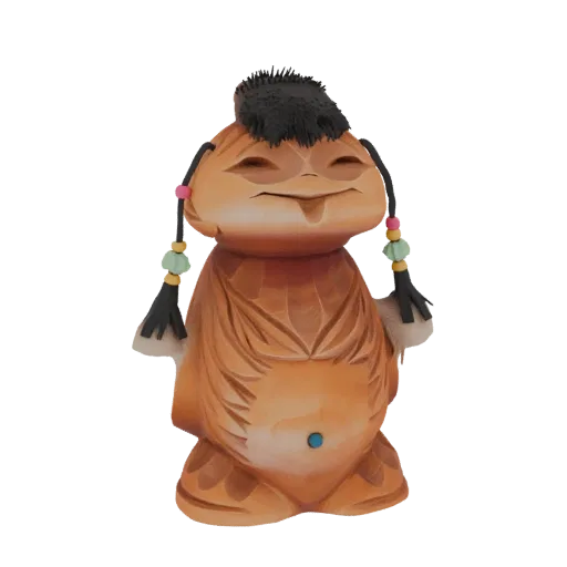 3D model of a small, orange, whimsical creature with black hair, braided pigtails with beads, and a cheerful expression, standing on a white background.