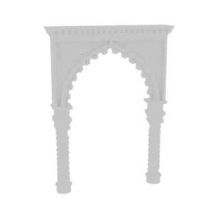 3D model of a white Gothic archway with a scalloped arch and twisted columns, set against a white background.