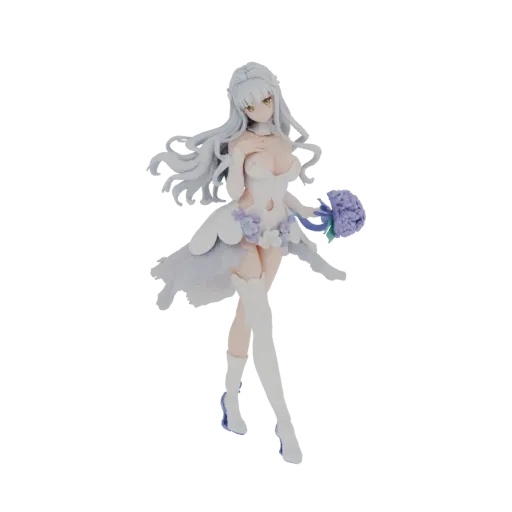 3D model of an elegant bride in a white wedding dress, holding a purple flower bouquet, with long silver hair.