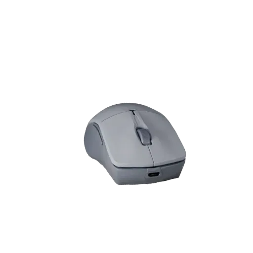 Ergonomic Mouse 3D model, three-quarter front view, Unity viewport, showing plastic shells, desktop scale.