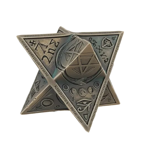 3D model of a metallic Star of David adorned with esoteric symbols, Eye of Horus, and moon phases.