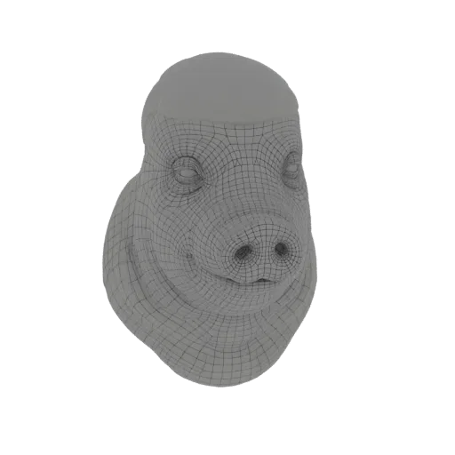 A 3D render of a pig's head shown with a visible wireframe mesh, against a white background.