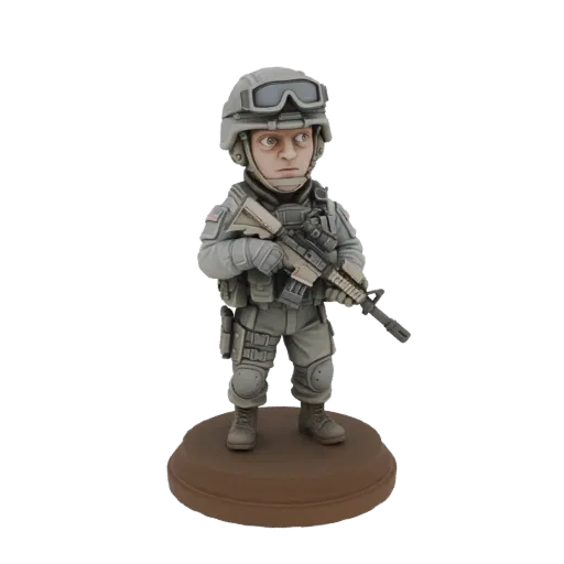 3D model of a modern soldier in tactical gear, holding an assault rifle, with a bobblehead style, standing on a brown base.