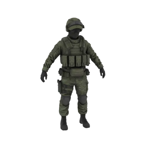 3D model of a modern soldier wearing a tactical helmet, vest, and camouflage uniform, standing with arms at sides.