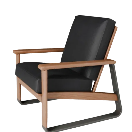 Sillón Industrial Modelo 3D Realista, interior hogar, render de estudio tres cuartos, detalle madera.