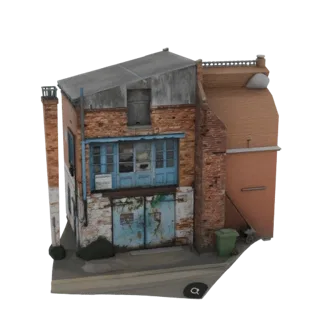 3D model of a dilapidated brick warehouse with blue doors and a corrugated roof, viewed from a slightly elevated angle.